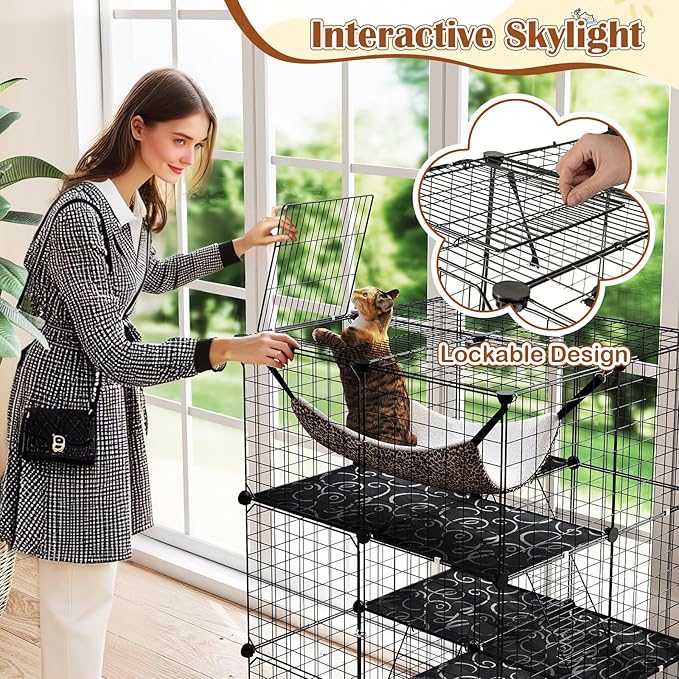 Tangkula Cat Cages Indoor, 3-Tier Cat Enclosure with Skylight, Extra Large Hammock, 2 Ladders, Detachable Metal Wire Kennel with 3 Lockable Doors, DIY Cat Crate & Pet Playpen Catio for 1-3 Cats Kitten