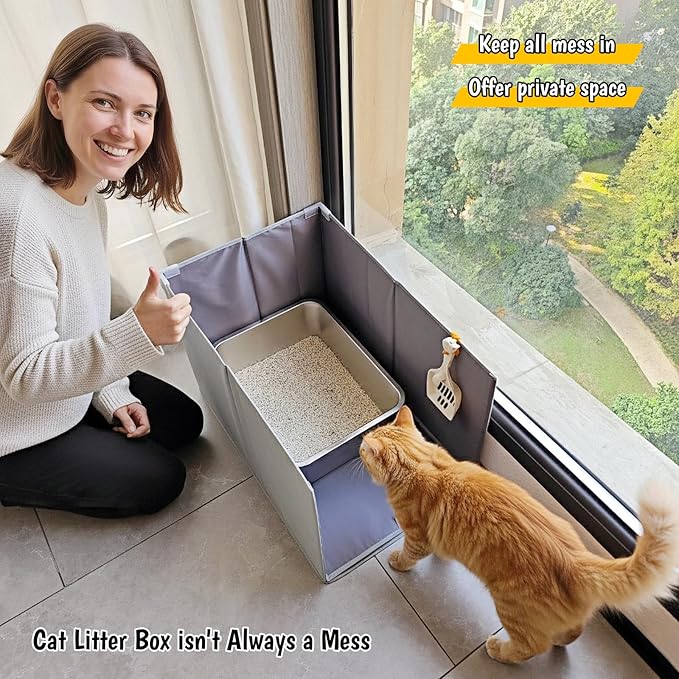 Less-Mess Cat Litter Box Enclosure, Open Top High Side, 26''×17''×17'' Extra Large Water Resistance Splash Guard for Cat Litter Boxes