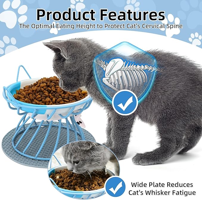 Raised Cat Food Bowl - Elevated Feeder Stand with Shallow Ceramic Dish, Whisker-Friendly No-Spill Water Bowl