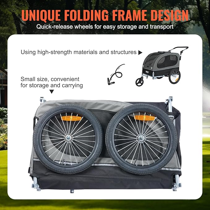 VEVOR Dog Bike Trailer, Supports up to 66/88/100 lbs, 2-in-1 Pet Stroller Cart Bicycle Carrier, Easy Folding Cart Frame with Quick Release Wheels, Universal Bicycle Coupler, Reflectors, Flag