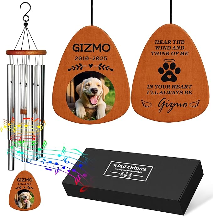 Personalized Pet Memorial Wind Chimes with Photo Pet Memorial Gifts for Dogs Pet Bereavement Gifts Custom 25.5 Inch Wind Chimes for Garden Patio for Loss of Dog Cat Puppy (Silver, Design 4)