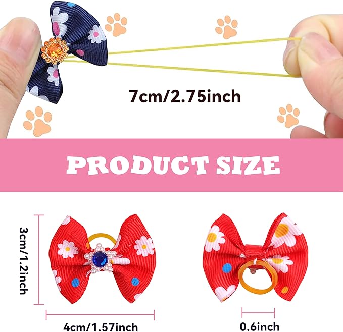 40PCS Christmas Dog Bows Cute Puppy Dog Small Bowknot Hair Bows with Rubber Bands Small Hairs Bowknot Pet Hair Accessories Pet Grooming Accessories for Party (Mixcolors with Gemstone)