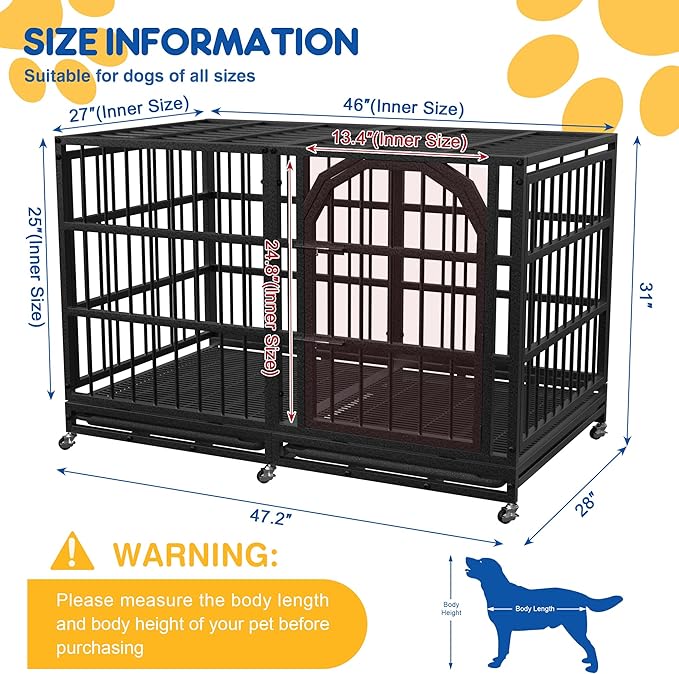 Asee'm 48 inch Heavy Duty Dog Crate for Large Dogs with Wheels, Indestructible Escape-Proof Dog Kennel Cage Indoor for High Anxiety Dogs with Locks and Removable Trays (Black)