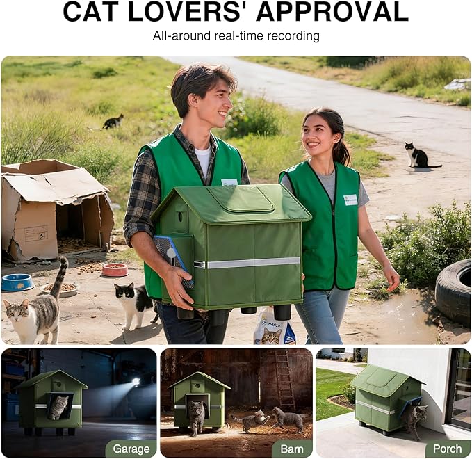 Outdoor Cat House for Outside with Camera Cat-Attracting Eave Design and Cat Toys Feral Stray Shelter Weatherproof in Garage Yard Porch (Include Camera)