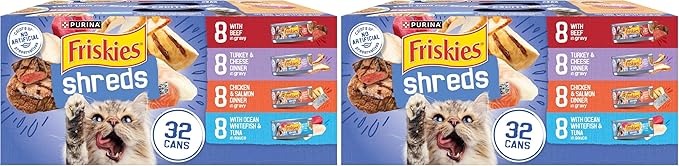 Friskies Purina Gravy Wet Cat Food Variety Pack,Savory Shreds with Beef,Turkey and Cheese Dinner,Chicken and Salmon Dinner,with Ocean Whitefish-and Tuna - 5.5 oz. Cans,(Pack of 64)