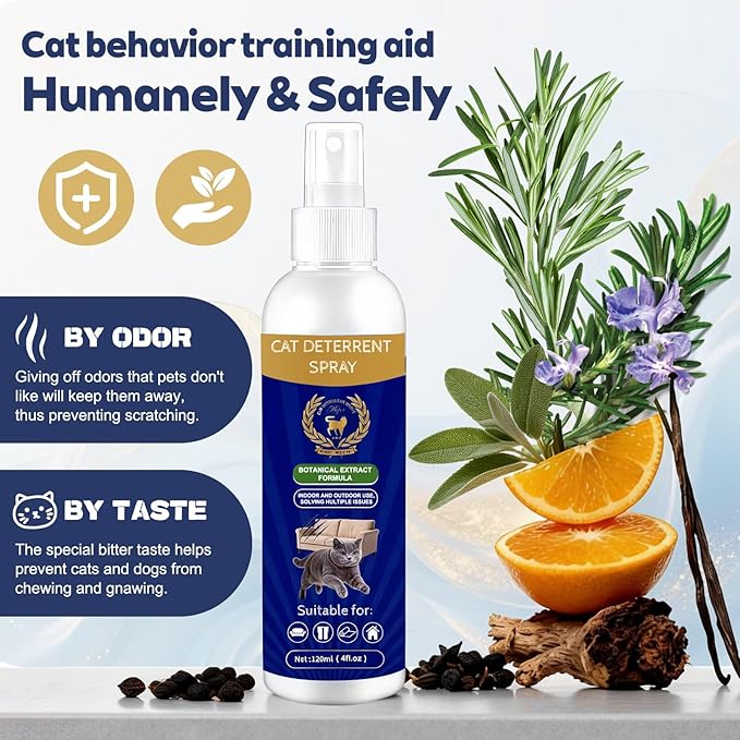 Cat Deterrent Spray - Natural Citrus-Scented, Indoor & Outdoor Training Spray to Stop Scratching on Furniture, Carpets & Curtains (4.06 oz) (Blue1)