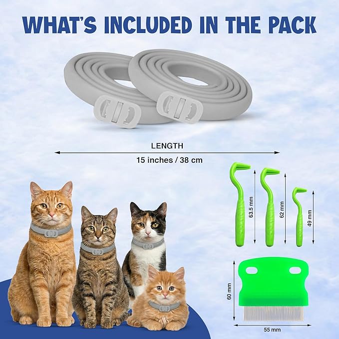 Cat Flea and Tick Collar (2 Pack) – Natural Waterproof Flea Collar for Cats & Kittens with 8 Month Protection Adjustable Cat Flea Collar Includes Tick Removal Tools & Flea Comb