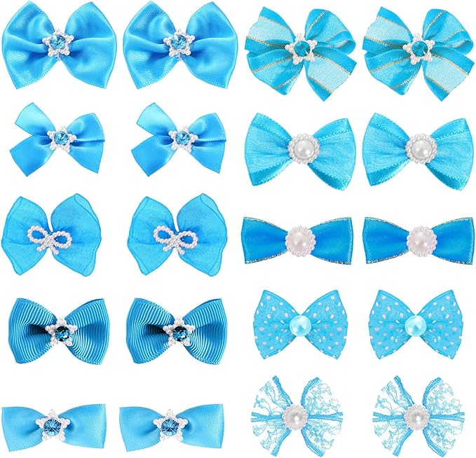 20 PCS Cute Dog Hair Bows with Rubber Bands Elastic Handmade Mix Style Lace Rhinestone Pearls for Furry Puppy Cat Pet Girl, Sky Blue