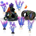 Fish Tank Decoration Betta Fish Aquarium Decorations Accessories, Aquarium Colorful Coral Reef Set, Coral Mountain x 1, Starfish Barrel x 1, Aquarium Decor Plants x 6