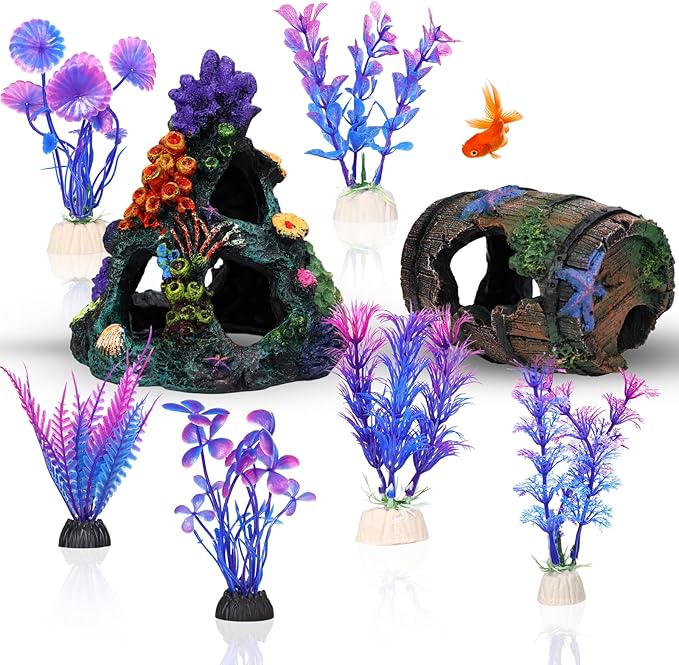 Fish Tank Decoration Betta Fish Aquarium Decorations Accessories, Aquarium Colorful Coral Reef Set, Coral Mountain x 1, Starfish Barrel x 1, Aquarium Decor Plants x 6
