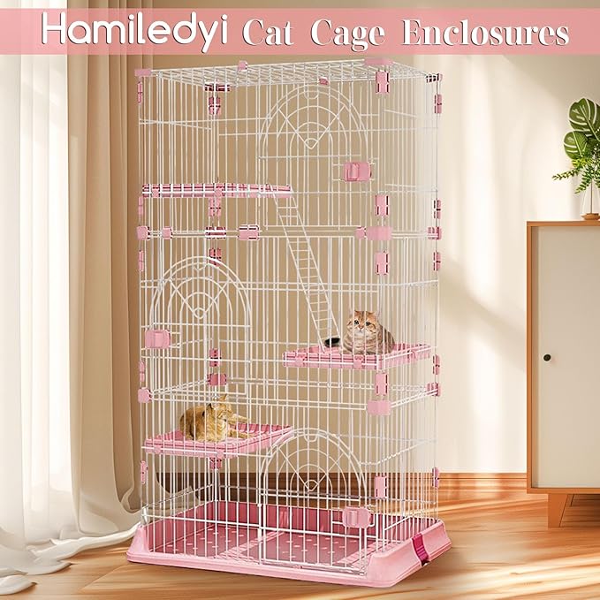 Hamiledyi 4-Tier Cat Cage Indoor Large Cat Enclosure with 1 Ramp Ladders 3 Platforms 3 Doors Metal Cat Playpen Outdoor Kitten Cage for 1-3 Small and Medium Pets (Pink)