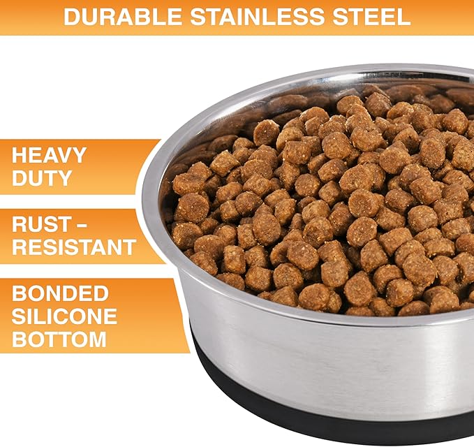 Neater Pet Brands Stainless Steel Dog Bowls with Non-Slip Rubber Bottom – Set of 2, 8 Cup (64 oz), Black - Heavy Duty Metal Dog Bowl, Dishwasher Safe, Food or Water Bowl, Ideal for Large Dogs