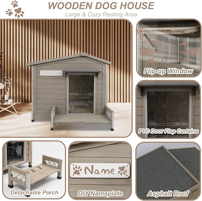 34" L Outdoor Dog House with Porch, Removable Floor, Raised Feet Anti-Chewing Iron Frame – Weatherproof Wooden Dog Kennel for Indoor/Outdoor Use, Ideal for Small to Medium Dogs