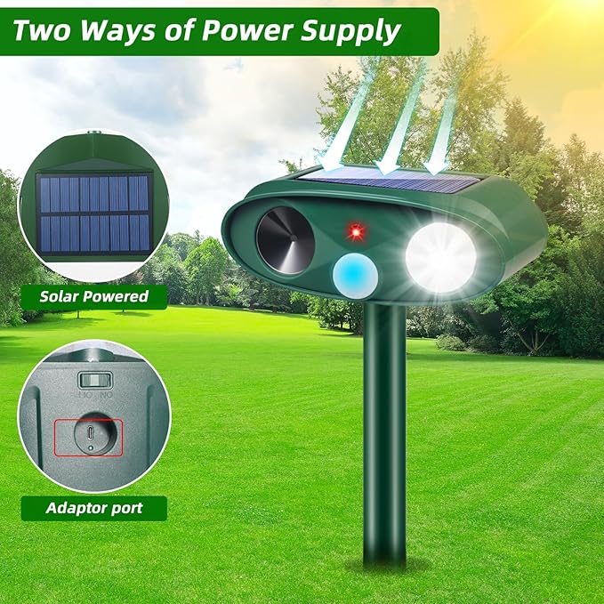 2Pack Solar Ultrasonic Animal Repellent Outdoor with Motion Detection&Flash Light,USB Rechargeable Waterproof Cat Repellent Outdoor Keep Deer Squirrel Rabbit Opossum Raccoon Away for Yard Garden Lawn
