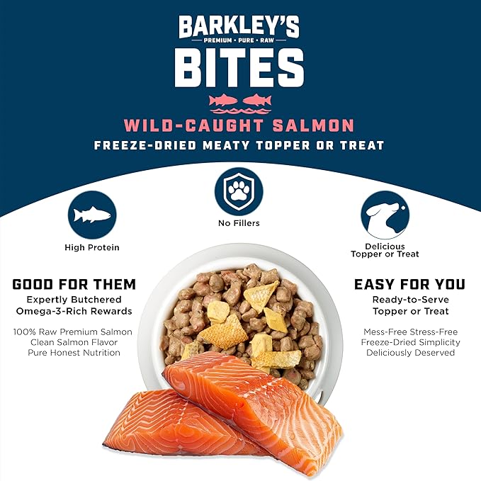 Barkley’s Bag Salmon Bites, Freeze Dried Dog Treats and Food Topper, Protein Packed, Made with Wild-Caught Salmon, Bite-Sized Whole Pieces for Training Rewards, American Made Dog Snacks, 4 Oz Bag
