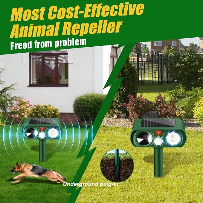 Ultrasonic Cat Deterrent, Motion Detection Solar Cat Deterrent Outdoor with LED Flash Light Waterproof, Suitable for Yard Farms with Cats and Dogs