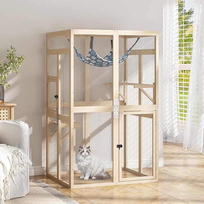 COZIWOW Catio Outdoor Cat Enclosure Window Access, Wooden Cat House Shelter, Kitty Cage with Hammock for Patio Indoor (Wood)