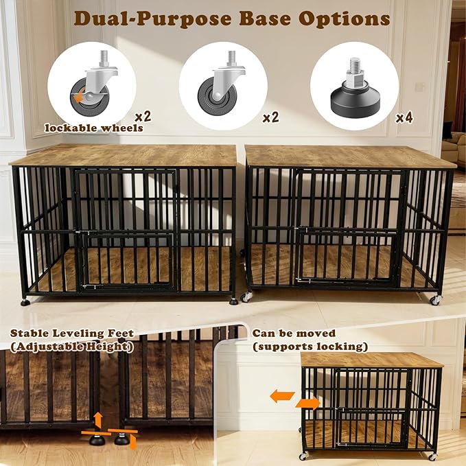 48" Dog Crate Furniture Foldable, Large Dog Kennel Furniture with Swing-Out Bowl & Dual Base Sets (Feet+Wheel), No Assembly Foldable Dog Crate Furniture, End Table for Large Dogs, Rustic Brown