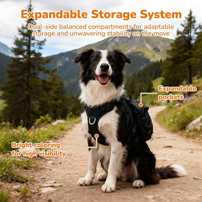 Large Dog Harness Backpack, No Pull Adjustable Dog Vest with Handle & Leash Ring, Lightweight Dog Backpack with Side Pockets for Walking, Training & Day Hikes, Black, L