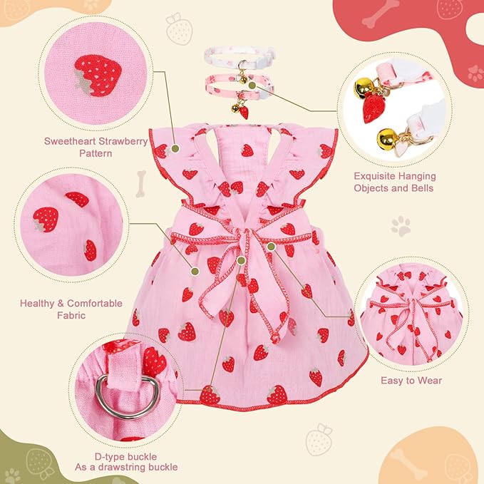 2-Piecs Cotton Detachable Pet Cat Dog Collar with Strawberry Pendant and Bell + 1-Piece Small Dog Cat Dress, Girl's Cat Costume, Cute Bow-Decorated Outfit, Strawberry Print Pet Birthday Set (Small)