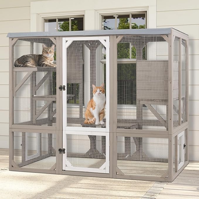 Large Catio Outdoor Cat Enclosure Window Access, Wooden Kitty Cage with Resting Room & 3 Platforms for Multiple Feral Cats, Cat House Attached to Window, Pet's Door for Patio Indoor
