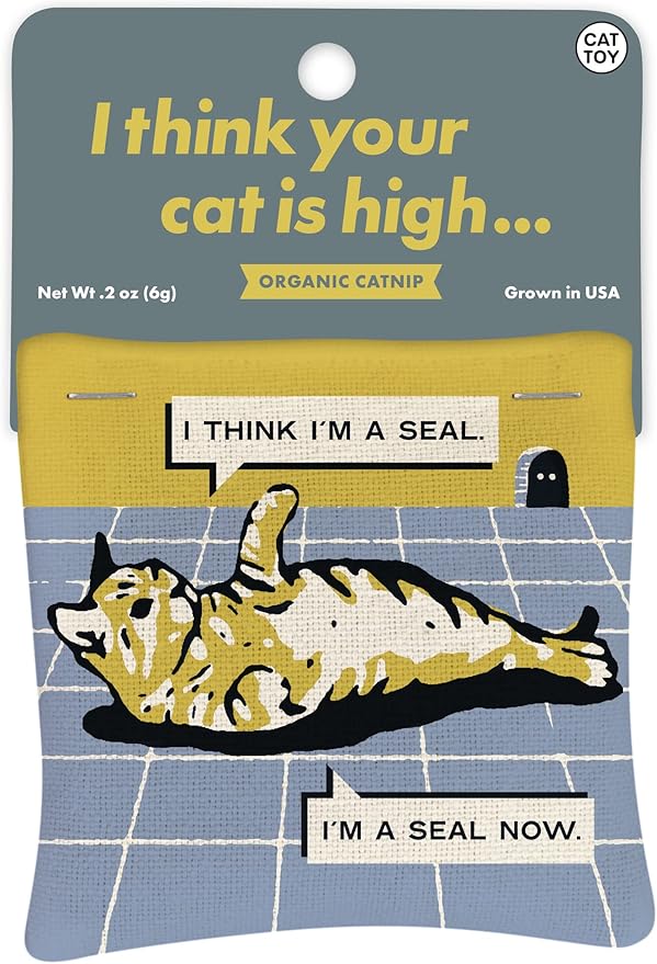Blue Q Your Cat is High Catnip Toys - Durable Cat Toys for Biting, Premium USA-Grown Organic Catnip, Pet Supplies, 100% Silk-Screened Cotton Pouch w/Funny Kitty Graphics, Cute Cat Birthday Gift