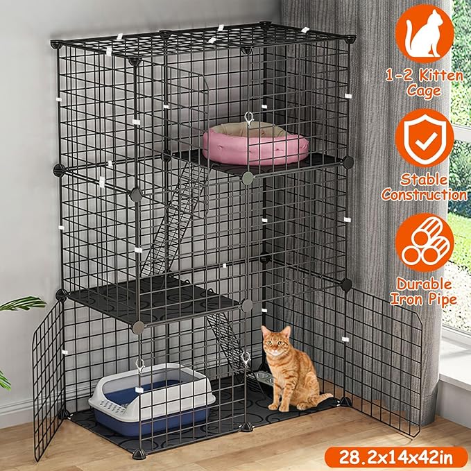 Large 3-Tier Cat Cage, Indoor Cat Enclosures Pliable DIY Cat Playpen, Detachable Metal Wire Kennels Cat Crate Box House with 3 Doors 2 Ramp Ladders for 1-2 Cats, Black - 28.2" x 14.0" x 42.1"