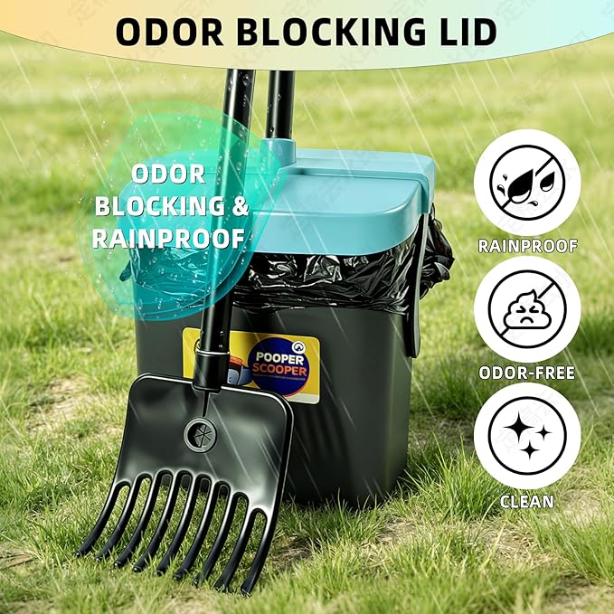 46" Pooper Scooper Swivel Bin & Rake for Large Small Dogs with Bag Attachment, Long Handle Poop Scooper with Lid for Yard (Blue)