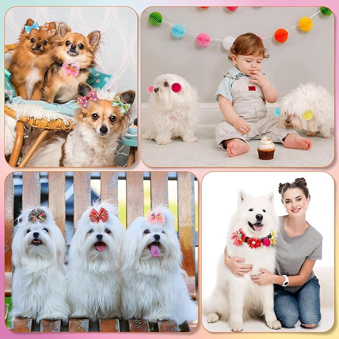 100 Pcs Assorted Dog Hair Bows for Small Size Dog Pet Bows with Rubber Band Bulk for Puppy Yorkie Hair Accessories