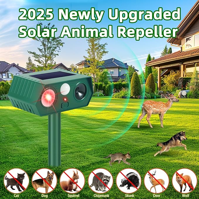 4Pack Solar Ultrasonic Animal Repellent Outdoor, Cat Repeller Outdoor Deer Repellent Devices Motion Detection with Motion Sensor for Yard, Predator Lights with Red&Blue to Scare Rabbit Raccoon