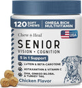 Chew + Heal Labs Senior Dog Vision and Cognition Chews - 120 Soft Chews for Dog Eye Care and Memory - 7-in-1 Multivitamin with Omega Fatty Acids, Vitamins, and Botanicals - Made in The USA