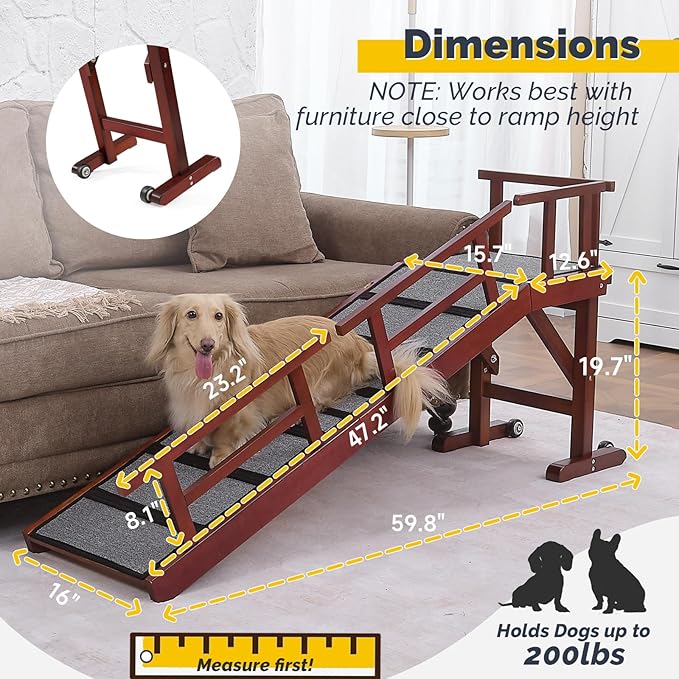 Dog Ramp for Bed or Couch, Wooden Pet Ramp with 20° Gentle Slope, Removable Side Rails, Non-Slip Surface, Top Platform & Wheels, Safe Bed Ramp for Small, Large & Senior Dogs, 60" Long, Mahogany