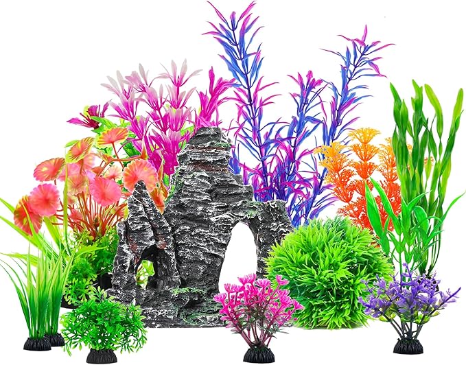 CousDUoBe 13Pcs Aquarium Plants Cave Rock Decor Set& Fish Tank Artificial PlasticPlants,Fish Tank Accessories Small Large Aquarium Decorations Kit