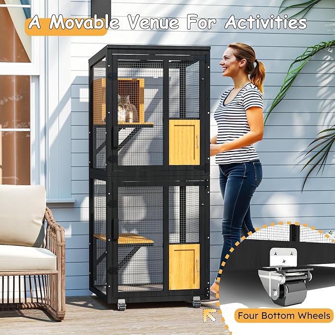 2 in 1 Catio Outdoor Cat Enclosure, 4 Tier Outdoor Cats House with 4 Wheels, Cat Enclosure Window Access with Removable Floor, Upgraded Resting Box, Waterproof Roof, Indoor Pet Cage, Black