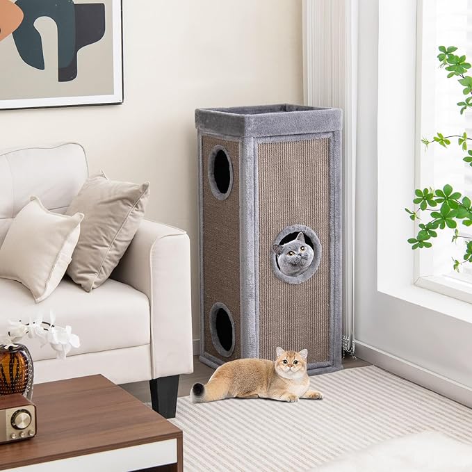 PETSITE 4-Story Cat Tree Condo Barrel Tower, 39 Inches Top High Edge Cat Condo Bed with Removable Cushion, Natural Sisal-Covered Scratching Board Indoor Cat Furniture, Grey