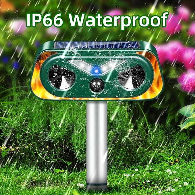 2026 Solar Ultrasonic Animal Repeller Outdoor with Flashing Lights & Motion Sensor Animal Deterrent Devices for Deer, Cat, Squirrel, Raccoon, Rabbit, Fox, Skunk Repellent for Yard Garden,4 Pack