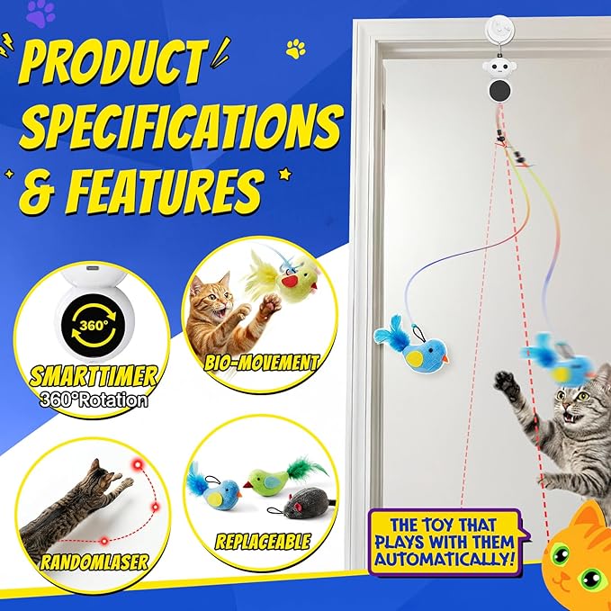 Interactive Cat Toys for Indoor Cats - 2 in 1 Automatic Laser Pointer Cat Toy with Feather Flying Bird，Smart Moving Mouse Wand Toy, Auto On/Off Hanging Toys for Bored Kitten & Adult Cats(Grey)
