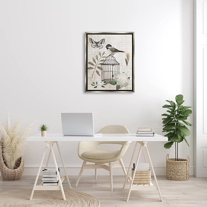 Stupell Industries Botanical Bird Cage Vintage Words Butterfly Motif Floating Framed Wall Art, Design By Nan