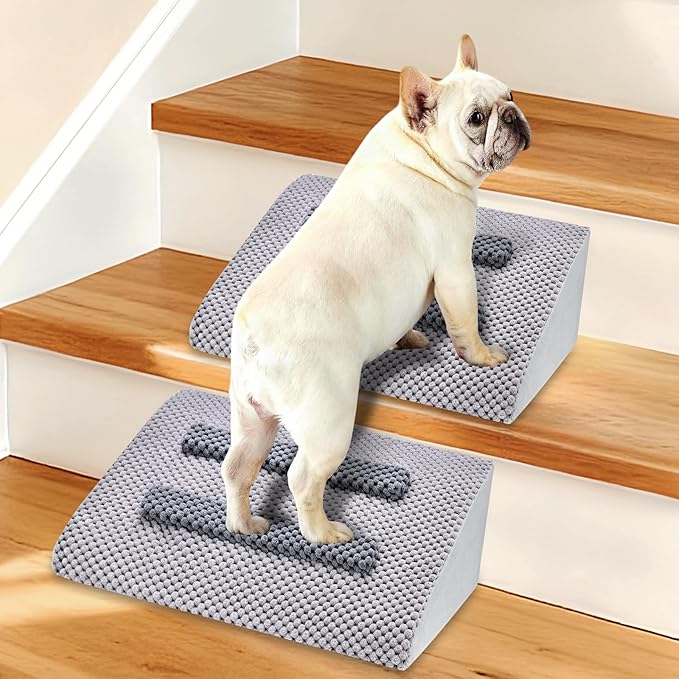 Dog Ramp for Stairs with Anti-Slip Bump for Small & Senior Dogs and Cats – Stair Wedges for Dogs with Gentle Slope, Pet Ramp with Washable Cover & Self-Sticky Pads for Safe Climbing (Gray, 2 Pack)