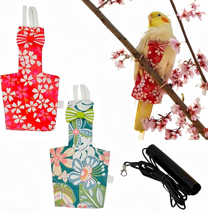 2 Pcs Bird Diapers Bird Harness Flight Suits Diapers with 80in Flying Leash Reusable Parrot Nappy with Waterproof Inner Layer for Cockatiel Budgie Conure Parakeet Lovebird-Red&Green