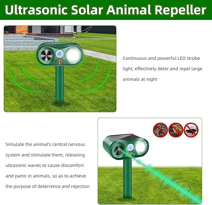 2026 Solar Animal Repellent Ultrasonic Outdoor Cat Repellent Solar Animal Repeller with Motion Sensor&LED Flashlight Deer Repellent Devices Repels All Animal Repellent Outdoor,Protect Plants