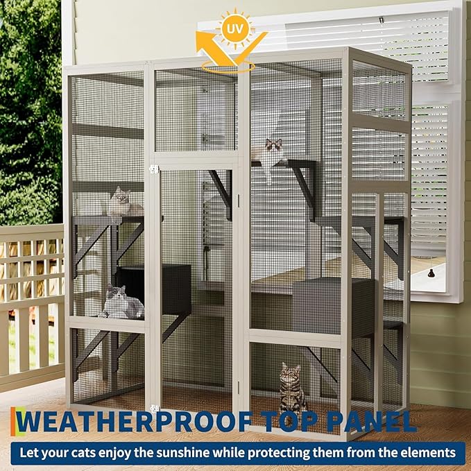 70" Large Outdoor Catio Cat Enclosure, Wood Cat Patio with Waterproof UV-Resistant Roof, Cats Shelter with 5 Platforms and 2 Resting Box, and Secure Rust-Proof Wire for Backyard or Patio