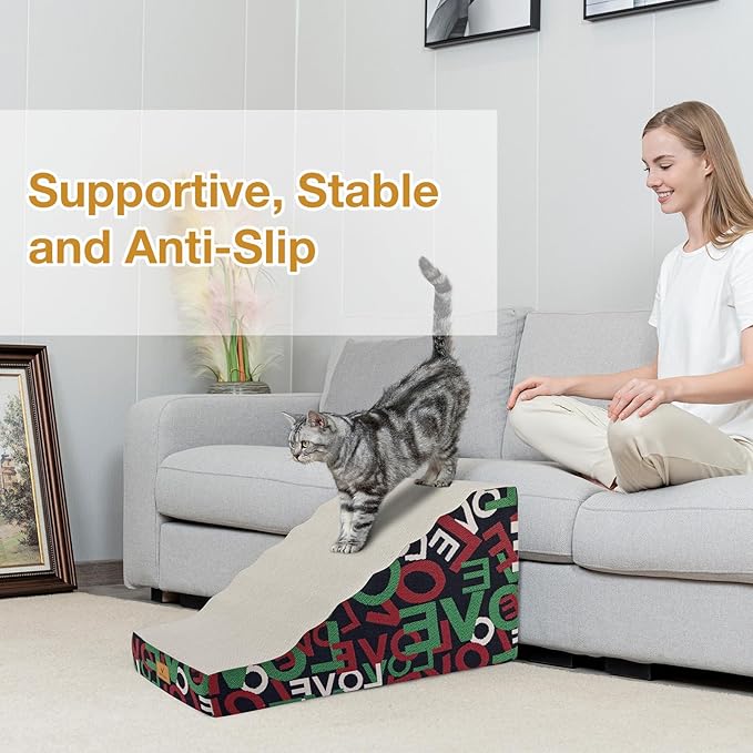 Pets Ramp for High Beds, Small Dogs & Senior Cats - Non-Slip Texture & Machine Washable Cover - Supportive Foam for Joint Comfort, Easy Climb for Couch, Sofa, Furniture (Black)