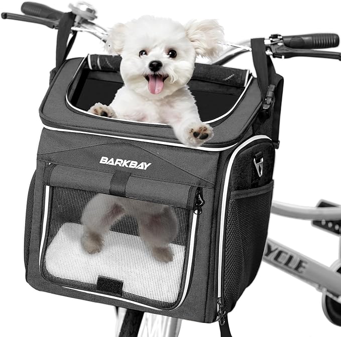 Dog Bike Basket Carrier, Expandable Foldable Soft-Sided Dog Carrier, 2 Open Doors, 5 Reflective Tapes, Pet Travel Bag,Dog Backpack Carrier Safe and Easy for Small Medium Cats and Dogs(Black)