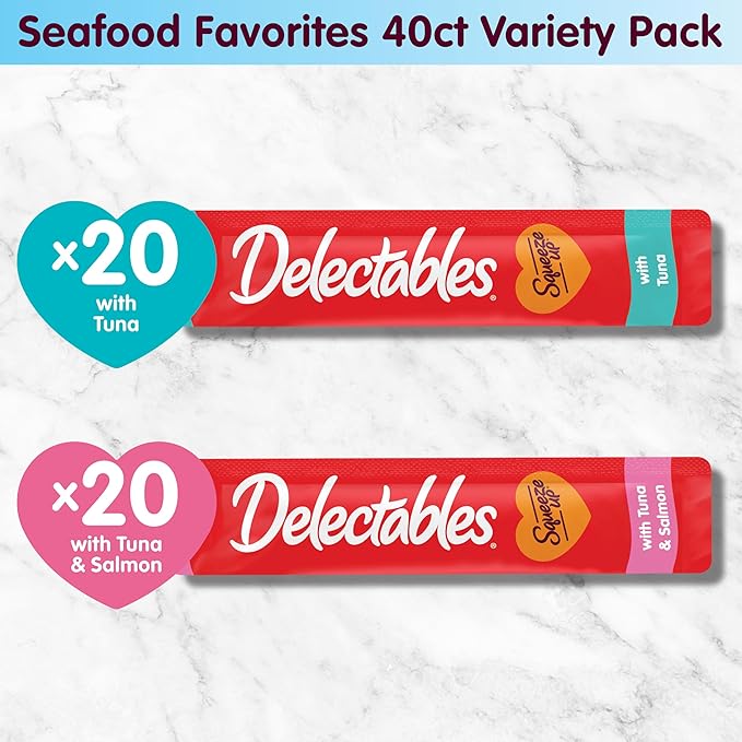 Delectables Squeeze Up Seafood Variety Pack, Creamy Squeezable Puree, Lickable Wet Cat Treats, Grain-Free, No Added Fillers, 0.5 Ounces Tube, 40 Tubes Total