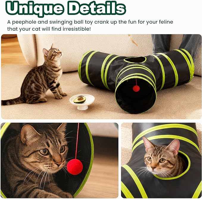 Love’s Cabin Cat Tunnel for Indoor Cats, 3-Way Collapsible Play Tunnel with Teaser Wand, Peek Holes & Toy Ball, Small Pet Toy for Kittens & Rabbits, Black & Yellow, Small Size