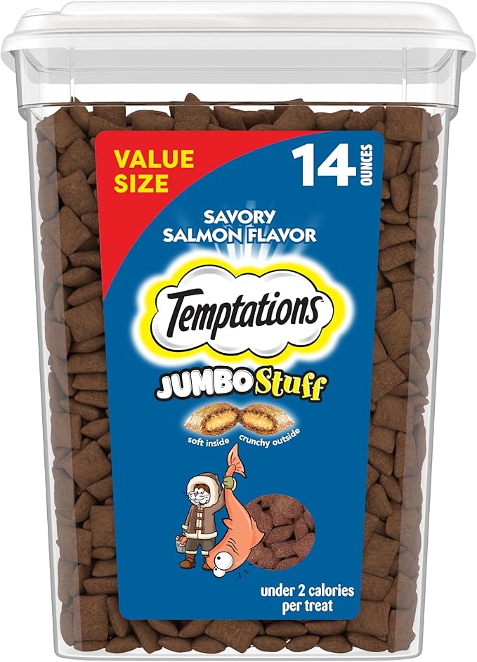 Temptations Jumbo Stuffed Cat Treats, Crunchy and Soft Cat Treats, Savory Salmon Flavor, 14 oz. Tub
