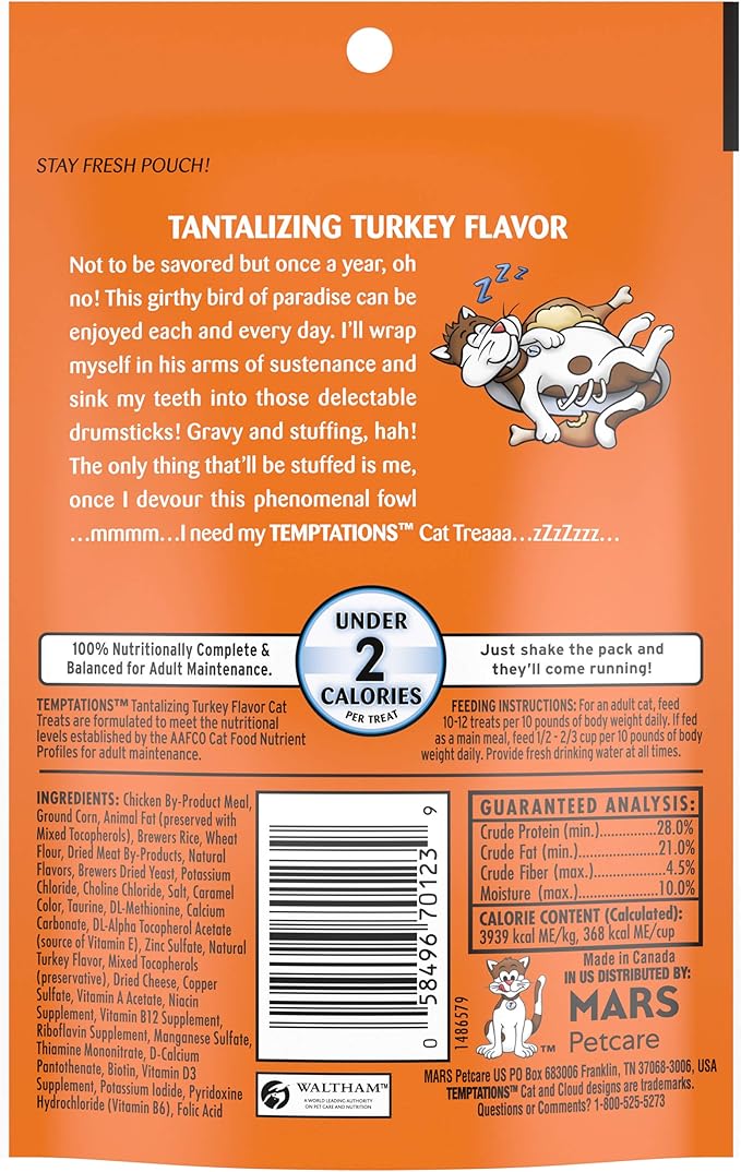 Temptations Cat Treats, Classic Crunchy and Soft Cat Treats, Tantalizing Turkey Flavor, 3 oz. Pouch (Pack of 12)