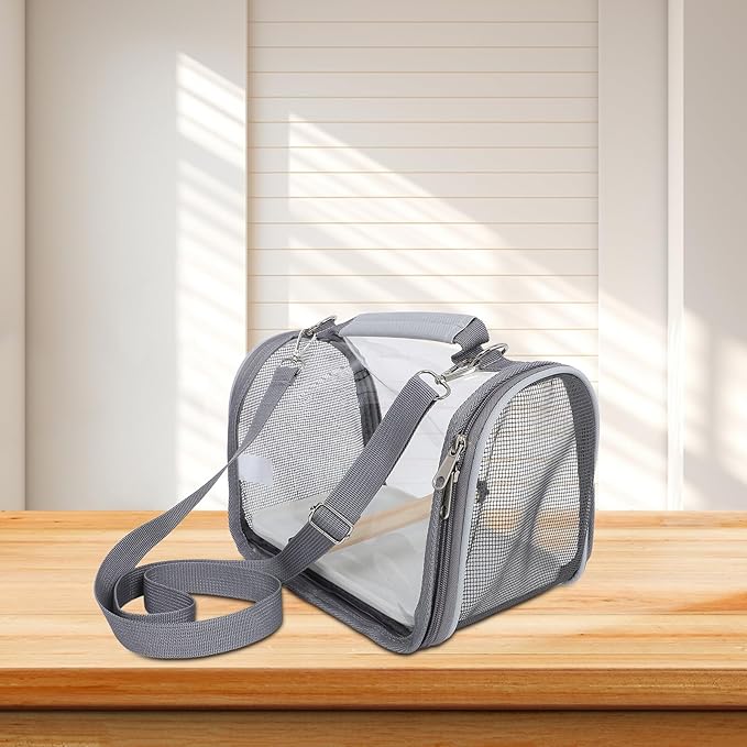 Portable Bird Travel Cage Carrier with Standing Perch, Lightweight Small Parrot and Lizard Pet Carrier Bag for Outdoor Trips, Handheld Grey Travel Cage for Budgie and Conure