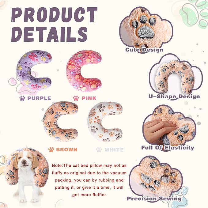 Sweetude 4 Pcs Pillows for Cats Puppy Bed Fluffy Pet Calming Soft Gifts Half Donut U Shaped Pet Neck Pillow Training Joint Relief Cervical Protection(Paw,Large)